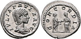 Julia Paula, Augusta, 219-220. Denarius (Silver, 20 mm, 3.52 g, 6 h), Rome, 219. IVLIA PAVLA AVG Draped bust of Julia Paula to right. Rev. CONCORDIA J...