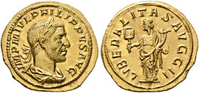 Philip I, 244-249. Aureus (Gold, 20 mm, 4.40 g, 12 h), Rome, 245. IMP M IVL PHILIPPVS AVG Laureate, draped and cuirassed bust of Philip I to right, se...