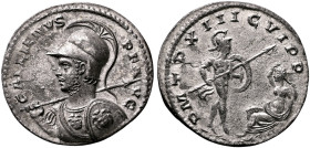 Gallienus, 253-268. 'Denarius' (Silver, 19 mm, 2.43 g, 12 h), an 'offstrike' from aureus dies. Rome (?), circa 264-265. GALLIENVS P F AVG Cuirassed bu...
