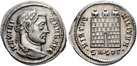 Galerius, 305-311. Argenteus (Silver, 20 mm, 3.28 g, 12 h), Serdica, 305-306. MAXIMI-ANVS AVG Laureate head of Galerius to right. Rev. VIRTVS MILITVM ...