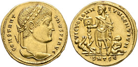 Constantine I, 307/310-337. Solidus (Gold, 19 mm, 4.62 g, 5 h), Thessalonica, 324. CONSTANT-INVS P F AVG Laureate head of Constantine I to right. Rev....