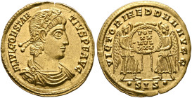 Constantius II, 337-361. Solidus (Gold, 22 mm, 4.50 g, 6 h), Siscia, circa 340-350. FL IVL CONSTAN-TIVS P F AVG Laurel-and-rosette-diademed, draped an...