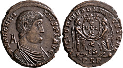 Magnentius, 350-353. Maiorina (Bronze, 23 mm, 5.02 g, 12 h), Arelate, 351-352. D N MAGNEN-TIVS P F AVG Bare-headed, draped and cuirassed bust of Magne...