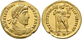 Valentinian I, 364-375. Solidus (Gold, 20 mm, 4.46 g, 12 h), Rome, 364. D N VALENTINI-ANVS P F AVG Pearl-diademed, draped and cuirassed bust of Valent...