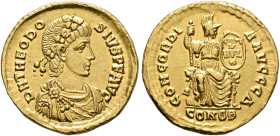 Theodosius I, 379-395. Solidus (Gold, 21 mm, 4.44 g, 12 h), Constantinopolis, 388-392. D N THEODO-SIVS P F AVG Rosette-diademed, draped and cuirassed ...