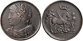 Contorniates, late 4th-early 5h century. Contorniate (Orichalcum, 36 mm, 22.96 g, 12 h). Diademed, draped and cuirassed male bust to left. Rev. Pegasu...