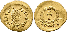 Aelia Pulcheria, Augusta, 414-453. Tremissis (Gold, 15 mm, 1.50 g, 12 h), Constantinopolis, circa 450-453. AEL PVLCH-ERIA AVG Diademed and draped bust...