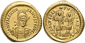 Valentinian III, 425-455. Solidus (Gold, 22 mm, 4.30 g, 5 h), Constantinopolis, October 425-429. D N VALENTIN-IANVS P F AVG Helmeted, pearl-diademed a...
