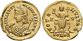 Valentinian III, 425-455. Solidus (Gold, 21 mm, 4.52 g, 12 h), Ravenna, 435. D N PLA VALENTI-NIANVS P F AVG Pearl-and-rosette-diademed bust of Valenti...