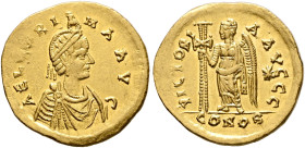 Aelia Verina, Augusta, 457-484. Solidus (Gold, 20 mm, 4.41 g, 5 h), Constantinopolis, circa 462-466. AEL ЧERI-NA AVG Pearl-diademed and draped bust of...
