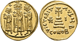Heraclius, with Heraclius Constantine and Heraclonas, 610-641. Solidus (Gold, 20 mm, 4.48 g, 6 h), Constantinopolis, indictional year I (10) = 636/7. ...