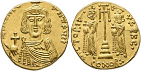 Constantine IV Pogonatus, with Heraclius and Tiberius, 668-685. Solidus (Gold, 19 mm, 4.41 g, 6 h), Syracuse, 668-673. δ N CONSTNTCЧS P P Facing bust ...