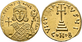 Philippicus (Bardanes), 711-713. Solidus (Gold, 20 mm, 4.36 g, 6 h), Constantinopolis. d N FILЄPICЧS MЧLTЧS AN Crowned bust of Philippicus facing, wea...