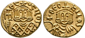 Theophilus, 829-842. Solidus (Gold, 15 mm, 3.87 g, 6 h), Syracuse, 830-831. ΘЄ-OFILOS Facing bust of Theophilus, wearing crown surmounted by cross and...