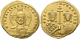 Basil II Bulgaroktonos, with Constantine VIII, 976-1025. Histamenon (Gold, 24 mm, 4.42 g, 6 h), Constantinopolis, 977-989. +IҺS XIS RЄX RЄGNANTIҺm Nim...