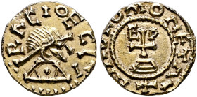 MEROVINGIANS. Limoges (as Lemovicum), Église, circa 560-620. Triens (Gold, 12 mm, 1.26 g, 3 h), Maurus, moneyer. ✠ RACIO ECL-I Highly stylized diademe...