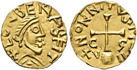 MEROVINGIANS. St. Bertrand-de-Comminges, probably after 582/3. Triens (Gold, 14 mm, 1.41 g, 6 h), Nonnitus, moneyer. ✠ CONBENAS FIT Diademed and drape...