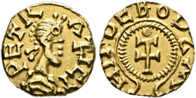 MEROVINGIANS. Loir-et-Cher. Pierrefitte. 600-675. Triens (Gold, 13 mm, 1.21 g, 12 h), Hildebodus, moneyer. PETRA FICT Diademed and draped male bust to...