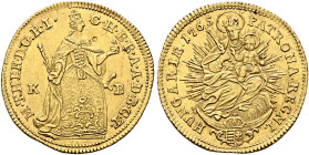 AUSTRIA. Holy Roman Empire. Maria Theresia, Empress, 1740-1780. Dukat 1765 KB (Gold, 23 mm, 3.51 g, 12 h), Kremnitz. M•THER•D•G•R•I• - G•H•B•R•A•A•D•B...