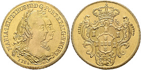 BRAZIL, Colonial. Maria I y Pedro III, queen & king of Portugal, 1777-1786. 6400 Reis 1784 R (Gold, 32 mm, 14.31 g, 12 h), Rio de Janeiro. MARIA•I•ET•...