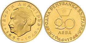 BULGARIA. People's Republic. 1946-1989. 20 Leva 1964 (Gold, 27 mm, 16.85 g, 6 h), on Georgi Dimitrov, Sofia. ГЕОРГИ ДИМИТРОВ / *1882*1949* Bare head o...