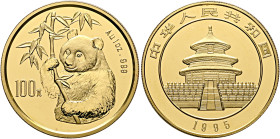 CHINA, ZHŌNGHUÁ RÉNMÍN GÒNGHÉGUÓ (PEOPLE, 1949-pres. 100 Yuan (1 oz) 1995 (Gold, 31 mm, 31.23 g, 12 h), small date variety. Shenyang. 100 元 - Au 1 oz ...