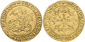 FRANCE, Provincial. Bretagne. Duché de Bretagne. François II, 1458-1488. Cavalier d'or (Gold, 29 mm, 3.34 g, 7 h), Rennes. ✠ FRANCISCVS*DЄI*GRACIA* - ...