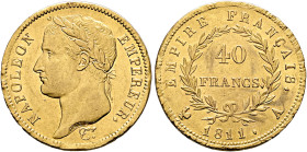 FRANCE, Premier Empire. Napoléon I, 1804-1814, 1815. 40 Francs 1811 A (Gold, 26 mm, 12.85 g, 6 h), Paris. NAPOLEON - EMPEREUR. Laureate head of Napolé...