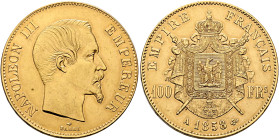 FRANCE, Second Empire. Napoléon III, 1852-1870. 100 Francs 1858 A (Gold, 35 mm, 32.27 g, 6 h), Paris. NAPOLEON III - EMPEREUR Bare head of Napoléon II...