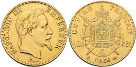 FRANCE, Second Empire. Napoléon III, 1852-1870. 100 Francs 1869 A (Gold, 35 mm, 32.21 g, 5 h), Paris. NAPOLEON III - EMPEREUR Laureate head of Napoléo...