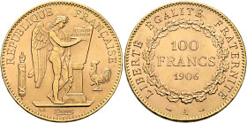 FRANCE, Troisième République. 1875-1940. 100 Francs 1906 A (Gold, 35 mm, 32.32 g, 6 h), Paris. REPUBLIQUE FRANÇAISE Winged genius writing CONSTI/TUTIO...