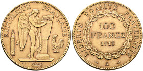 FRANCE, Troisième République. 1875-1940. 100 Francs 1913 A (Gold, 35 mm, 32.27 g, 6 h), Paris. REPUBLIQUE FRANÇAISE Winged genius writing CONSTI/TUTIO...
