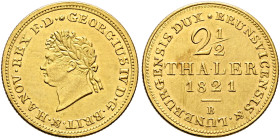 GERMANY. Hannover. Königreich. Georg IV, 1820-1830. 2 1/2 Taler 1821 B (Gold, 20 mm, 3.33 g, 12 h), Hannover (Hanover). GEORGIUS IV D•G•BRIT•&•HANOV•R...