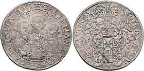 GERMANY. Sachsen-Albertinische Linie. Kurfürstentum. Christian II, Johann Georg, and August, 1591-1611. Taler 1597 (Silver, 40 mm, 29.14 g, 10 h), Dre...
