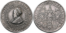 GERMANY. Sachsen-Ernestinische Linie. Kurfürstentum. Georg, sole reign, 1530-1533. 1 1/2 Guldengroschen 1527 (Silver, 44 mm, 47.15 g, 12 h), Annaberg....