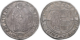 GERMANY. Wismar. Stadt. Taler 1552 (Silver, 40 mm, 28.46 g, 7 h). MONETA•NOVA• - WISMARIEN - • St. Lawrence standing facing, holding palm branch in hi...