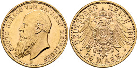 GERMANY. Kaiserreich. Sachsen-Meiningen. Georg II, 1866-1914. 20 Mark 1905 D (Gold, 21 mm, 8.00 g, 12 h), München (Munich). GEORG HERZOG VON SACHSEN M...