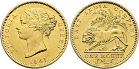 INDIA, Colonial. British India. Victoria, 1837-1901. Mohur 1841 (Gold, 26 mm, 11.66 g, 12 h), divided legend type, Calcutta (Kolkata). VICTORIA - QUEE...