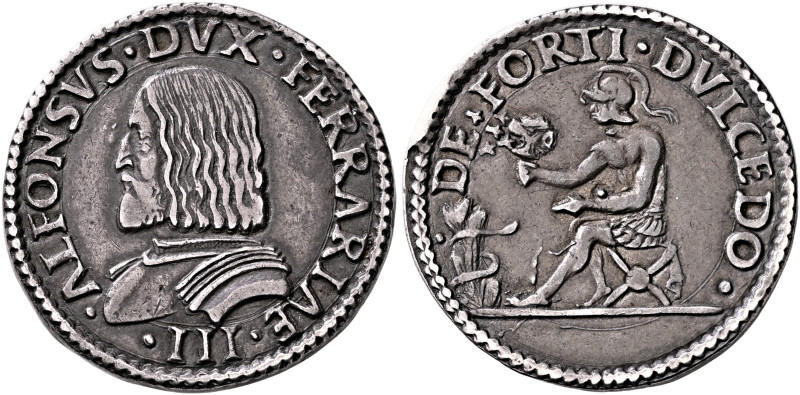 ITALY. Ferrara. Alfonso I d'Este, 1505-1534. Quarto Scudo or Testone (Silver, 29...