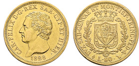 ITALY. Sardegna (Regno). Carlo Felice, 1821-1831. 80 Lire 1828 L (Gold, 33 mm, 25.69 g, 6 h), Torino (Turin). CAR•FELIX D•G•REX SAR•CYP•ET HIER / 1828...