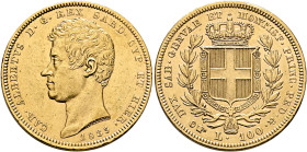 ITALY. Sardegna (Regno). Carlo Alberto, 1831-1849. 100 Lire 1835 P (Gold, 34 mm, 32.22 g, 6 h), Torino (Turin). CAR•ALBERTVS D•G•REX SARD•CYP•ET HIER•...