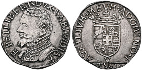 ITALY. Savoia (Ducato). Emanuele Filiberto, 1538-1580. Testone 1561 V (Silver, 28 mm, 9.52 g, 10 h), First type, Vercelli F (mint master L. Ferraris)....