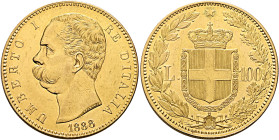 ITALY. Regno d'Italia. Umberto I, 1878-1900. 100 Lire 1888 R (Gold, 35 mm, 32.19 g, 6 h), Rome. UMBERTO I - RE D'ITALIA / 1888 Bare head of Umberto I ...