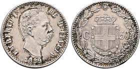 ITALY. Regno d'Italia. Umberto I, 1878-1900. 50 Centesimi 1889 R (Silver, 18 mm, 2.50 g, 6 h), Rome. UMBERTO I RE D'ITALIA / 1889 Bare head of Umberto...