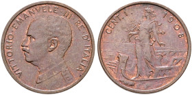 ITALY. Regno d'Italia. Vittorio Emanuele III, 1900-1946. Centesimo 1908 (Copper, 15 mm, 1.00 g, 6 h), Rome. VITTORIO•EMANUELE•III•RE•D'ITALIA Uniforme...