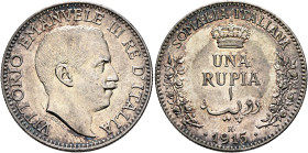 ITALY. Regno d'Italia. Vittorio Emanuele III, 1900-1946. Rupia 1915 R (Silver, 30 mm, 11.67 g, 12 h), Somalia Italiana (Italian Somiland), Rome. VITTO...