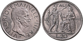 ITALY. Regno d'Italia. Vittorio Emanuele III, 1900-1946. 20 Lire 1927 A. V (Silver, 36 mm, 15.00 g, 6 h), Rome. VITTORIO EMANVELE III RE Bare head of ...