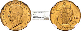 ITALY. Regno d'Italia. Vittorio Emanuele III, 1900-1946. 100 Lire 1931 R (Gold, 22 mm, 8.80 g, 6 h), Rome. VITTORIO•EMANVELE•III•RE Draped bust of Vit...