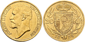 LIECHTENSTEIN. Fürstentum. Johann II, 1858-1929. 20 Kronen 1898 (Gold, 21 mm, 6.78 g, 12 h), Wien (Vienna). JOHANN II•FÜRST - VON LIECHTENSTEIN Bare h...