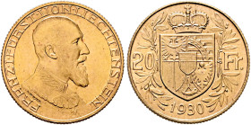 LIECHTENSTEIN. Fürstentum. Franz I, 1929-1938. 20 Franken 1930 (Gold, 21 mm, 6.45 g, 6 h), Bern. FRANZ•I•FÜRST•VON•LIECHTENSTEIN Uniformed bust of Fra...